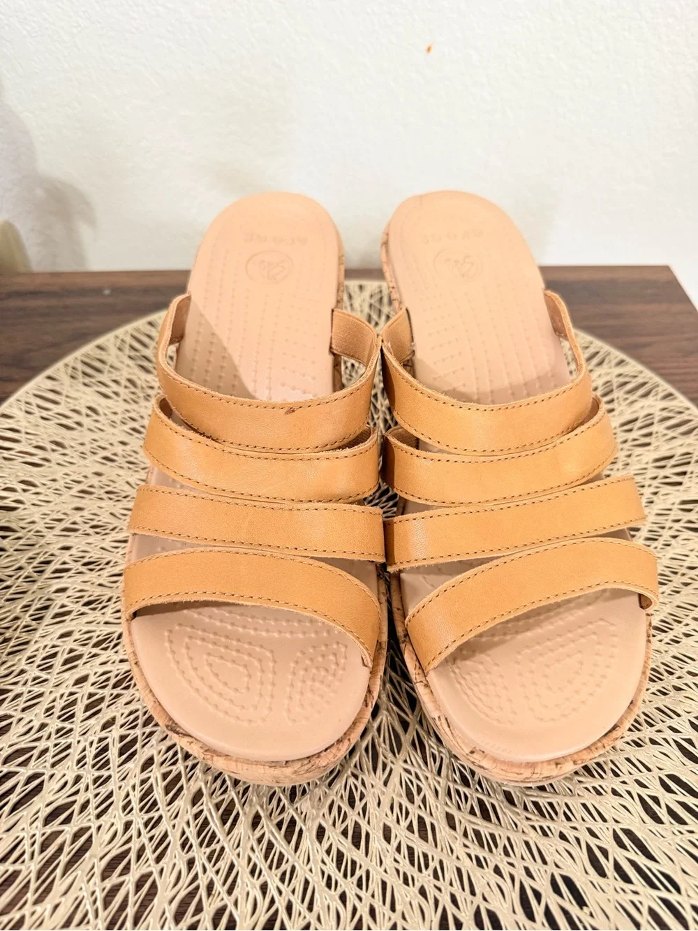 Crocs A- Leigh Tan Leather Wedge Slide Sandals Women Size 8 Cork Detail Comfort